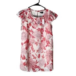 Talbots Blouse Size Medium Pink White Floral Flutter Sleeve High Neck Smocked